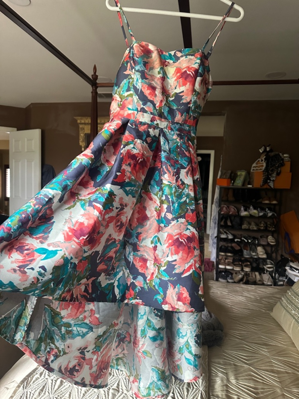 VENUS Navy Floral High-Low Spaghetti Strap Dress with Coral and Teal Accents - Picture 4 of 8